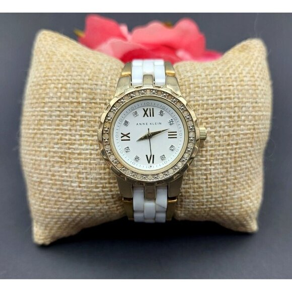 Anne Klein Small Wrist Watch Gold Tone & White Link 6" Working - Picture 1 of 8